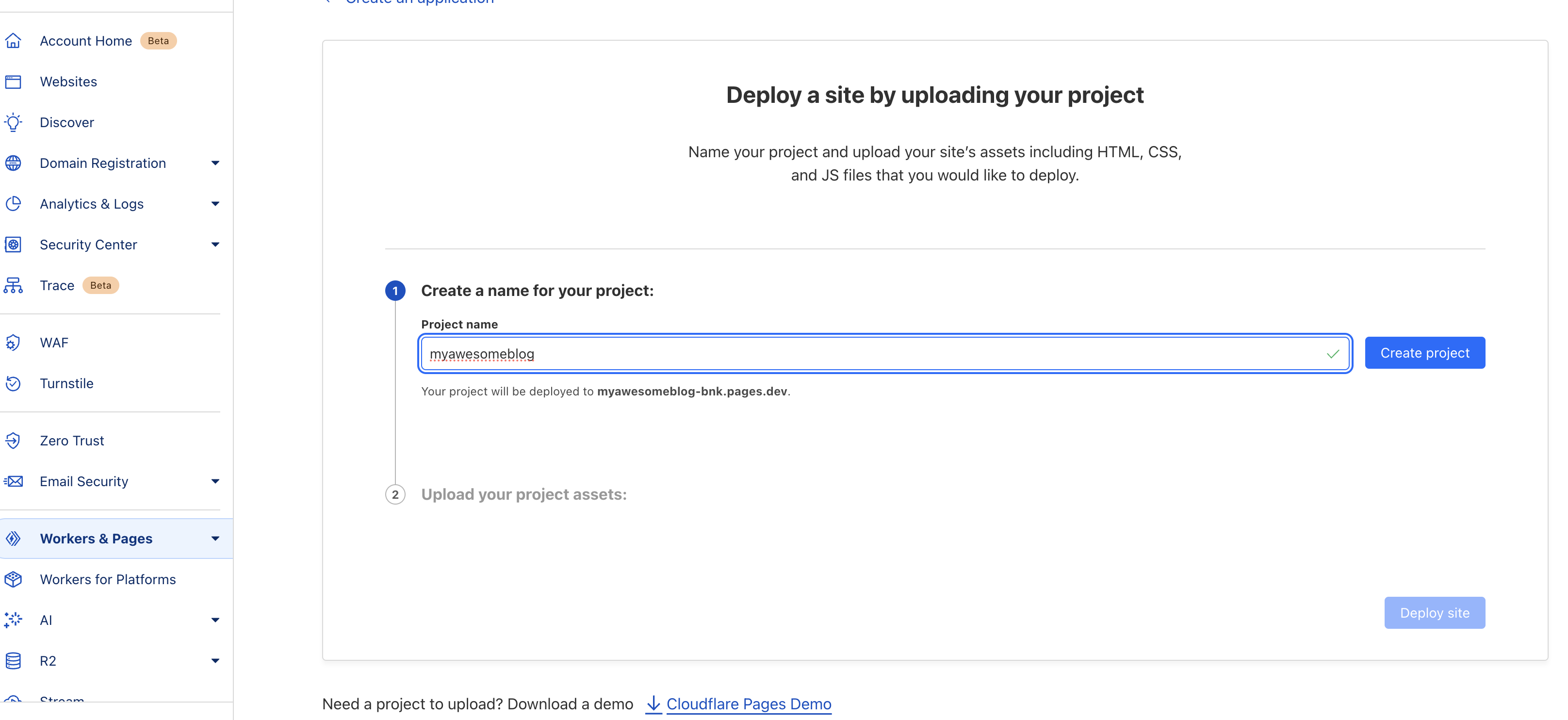 Screenshot of cloudflare page creation complete