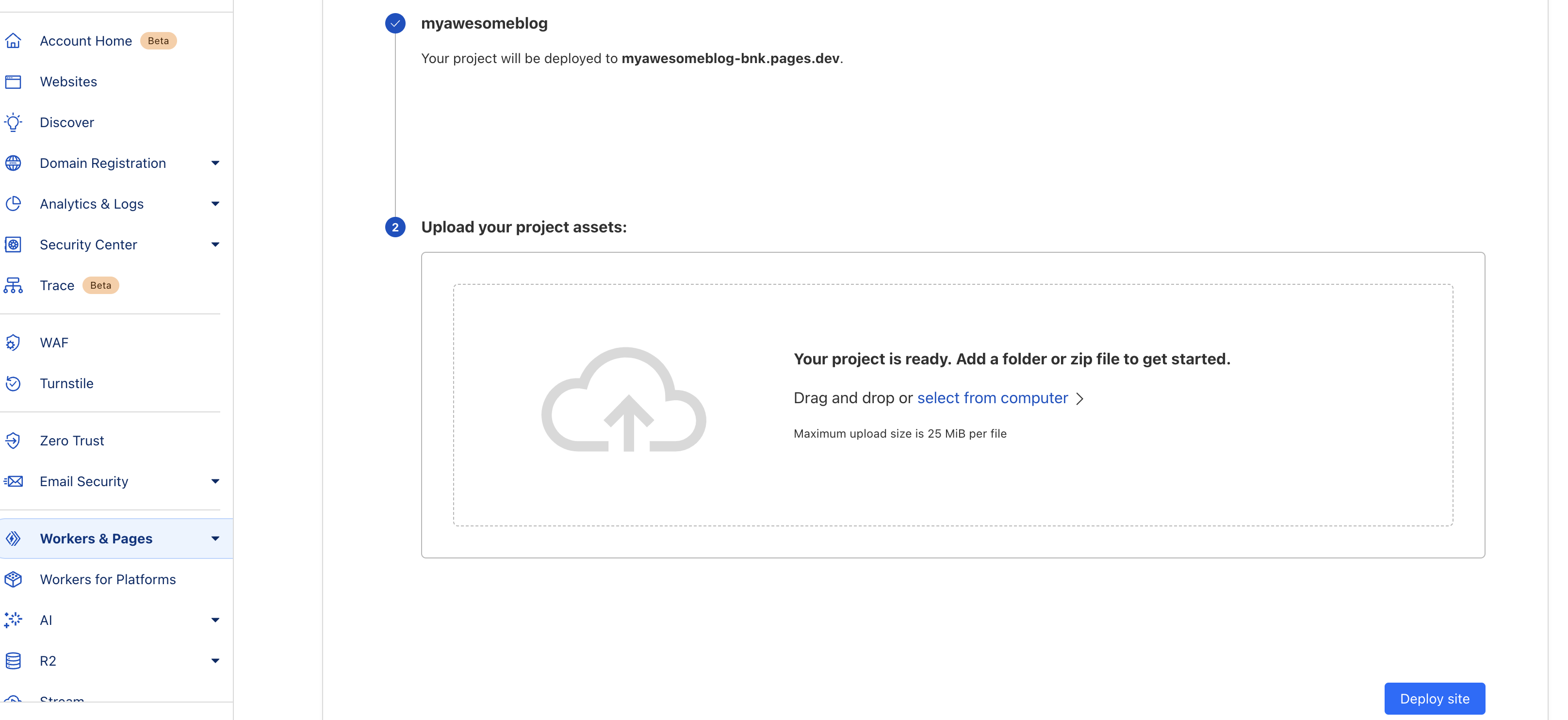 Screenshot of a deployed Cloudflare Pages site