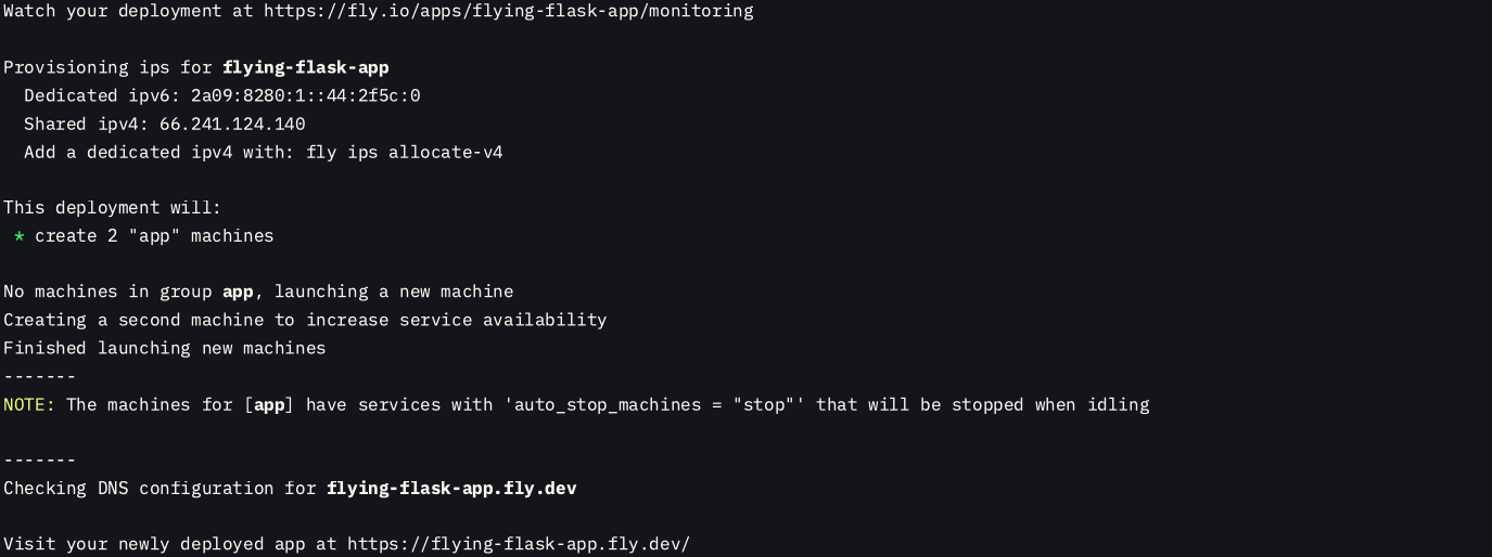 Screenshot of Flask app building and deploying on fly.io