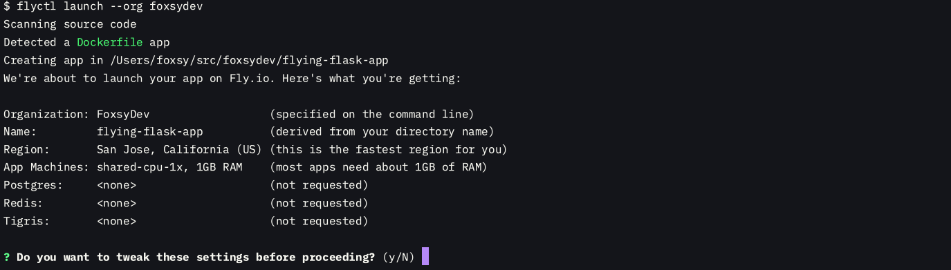 Screenshot of flyctl creating initial fly.toml for app deployment